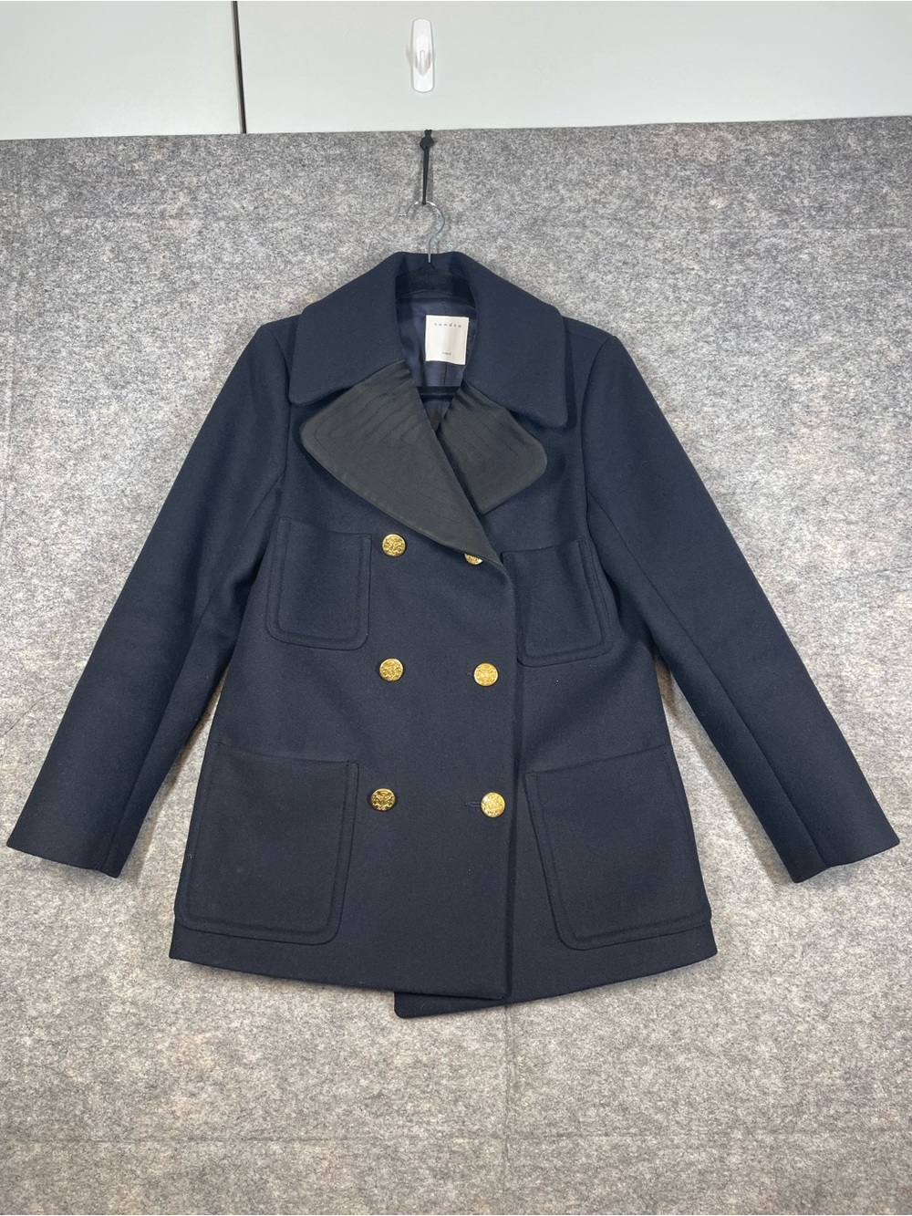 Sandro Paris Wool Peacoat Navy 34 Gold Buttons Military Quiet Luxury